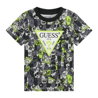 Тениска покрита с щампи в черно и електрикаво зелено за мини момче Guess