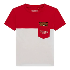Двуцветна тениска за мини момче в червено и бяло с джоб и сладко мече Guess