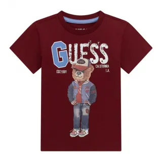 Тениска за мини момче с къс ръкав в цвят бордо с мече и надпис Guess