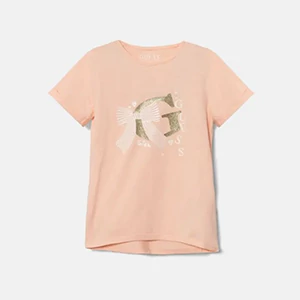 Тениска в прасковен цвят със златисто G и панделка за мини момиче Guess