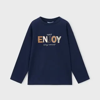 Детска памучна блуза Mayoral за момче в тъмносин цвят с надпис ENJOY