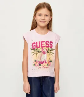 Розова Oversize тениска за момиче с коте и кристали Guess