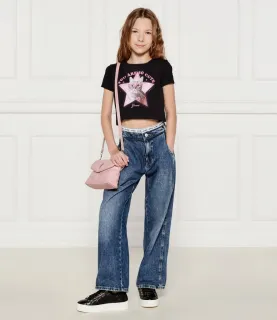 Къса черна тениска за момиче с коте, глитери и надписи Guess