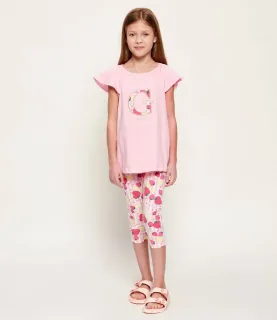 Розова тениска с G за мини момиче с раиран клин плодове Guess