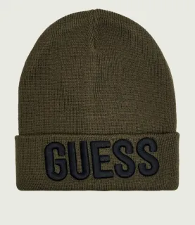 Детска плетена шапка Guess в тъмнозелен цвят с голямо лого отпред
