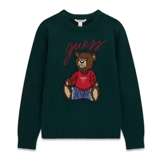 Детски плетен пуловер GUESS с мече и надпис в наситено зелен цвят