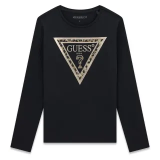 Детска блуза Guess в черно с дълъг ръкав и леопардово триъгълно лого