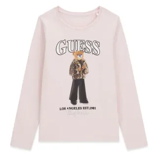 Детска блуза Guess в розово с дълъг ръкав и мече в леопардово яке