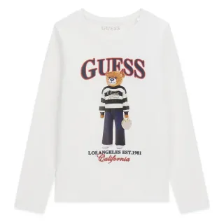 Детска блуза Guess с дълъг ръкав и мече в раиран пуловер