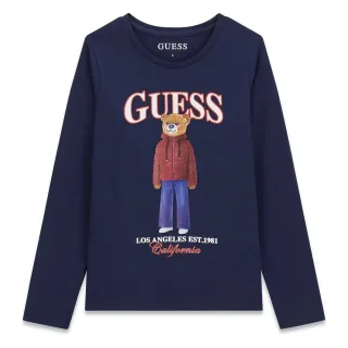 Детска блуза Guess в тъмносино с дълъг ръкав и мече в шушляково яке