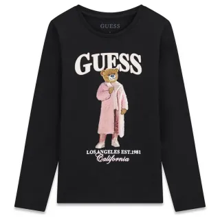 Детска блуза Guess в черно с дълъг ръкав и мече в розово палто
