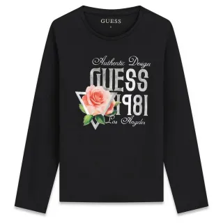 Детска памучна блуза Guess с бляскав принт и рози в класически черен цвят