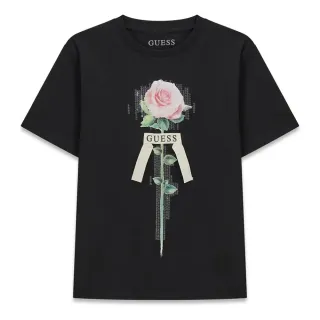 Детска памучна тениска Guess с нежна роза и 3D панделка в класически черен цвят
