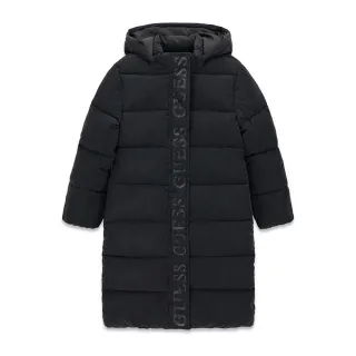 Дълго детско зимно яке в черно с качулка и лого лента Guess
