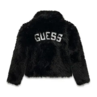 Луксозно детско палто от еко косъм Guess с обемна яка в класически черен цвят