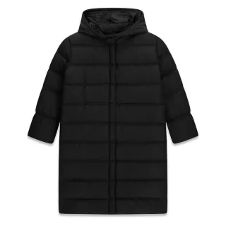Детско дълго зимно яке GUESS с качулка и релефен лого принт в черен цвят