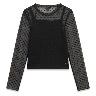 Черна блуза от тюл на точки с топ Guess
