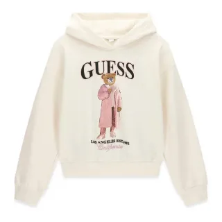 Детски памучен суичър Guess с качулка и мече в цвят екрю