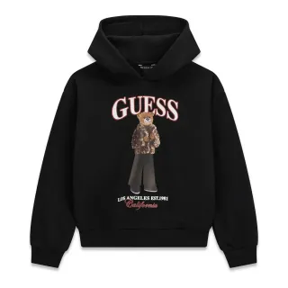 Детски памучен суичър Guess с качулка и принт мече в класически черен цвят