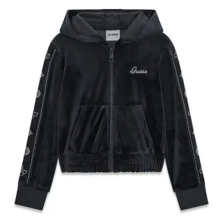 Черен кадифен спортен суичър с качулка и кристали Guess