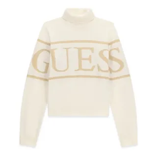 Детски плетен пуловер с висока поло яка Guess в цвят екрю със златно лого