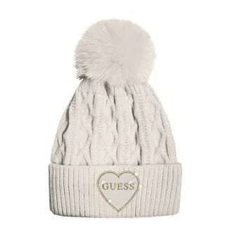 Детска зимна шапка Guess с помпон и бляскаво сърце в цвят екрю