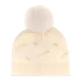 Детска кремава зимна шапка с помпон и лога Guess
