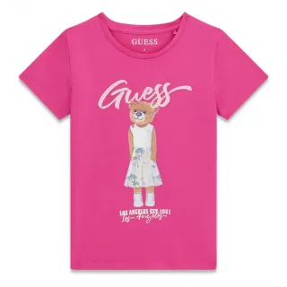 Цикламена тениска за момиче с цветно мече и розов надпис Guess