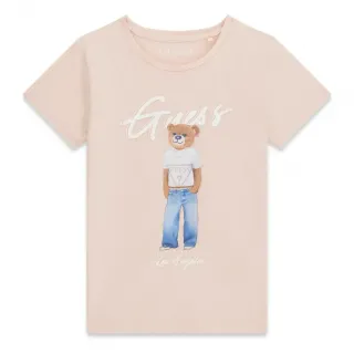 Бледо розова тениска за момиче с цветно мече и бял надпис Guess