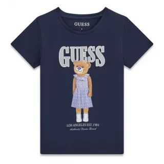 Тъмносиня тениска за момиче с цветно мече и сив надпис Guess