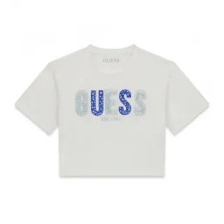 Къса тениска в бял цвят за момиче с надпис Guess от кристали и текстилни детайли