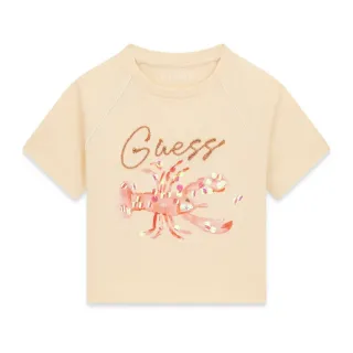 Бежова тениска за момиче с бродиран надпис Guess и омар с пайети