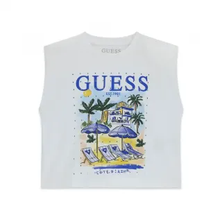 Бяла Oversize тениска за момиче с цветна щампа и кристали Guess