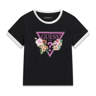 Черна тениска с бели детайли за момиче с цветя и кристали Guess