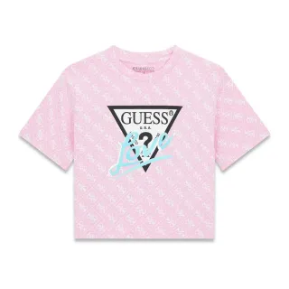 Розова тениска с бели лога за момиче и с лого Guess Love