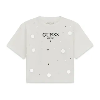Свободна тениска за момиче в бял цвят с пайети и надпис Guess