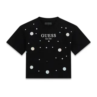 Свободна тениска за момиче в черен цвят с пайети и надпис Guess