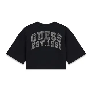 Черна къса тениска за момиче с камъни и кристали Guess
