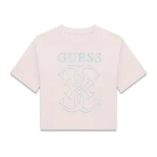 Розова свободна тениска за момиче със сребристо лого Guess