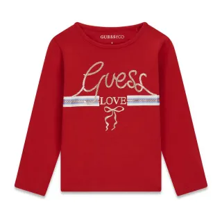 Детска памучна блуза Guess с калиграфско лого и морски въжета в червено