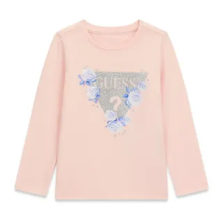 Детска памучна блуза Guess с бляскаво триъгълно лого и сини рози в пастелно розов цвят