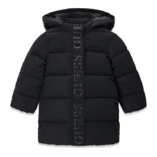 Детско дълго зимно яке Guess с качулка и брандиран кант в класически черен цвят