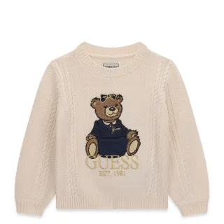 Детски плетен пуловер GUESS с плитки и луксозна бродерия с мече в цвят екрю