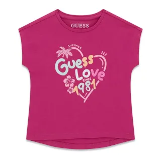 Цикламена тениска за мини момиче с цветен надпис Guess