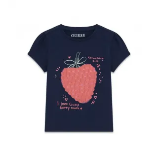 Тъмно синя тениска за мини момиче с текстилна ягодка Guess