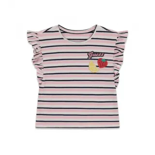 Раирана тениска в розово, бяло и черно за мини момиче с къдрички Guess