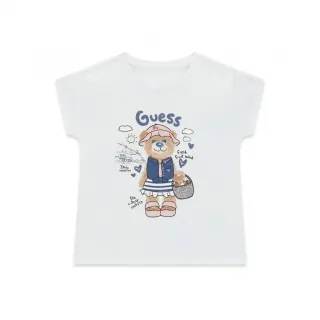 Тениска за мини момиче с цветно мече и син надпис Guess