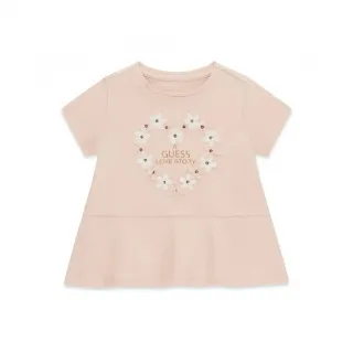 Свободна розова тениска за мини момиче с цветчета и надпис Guess