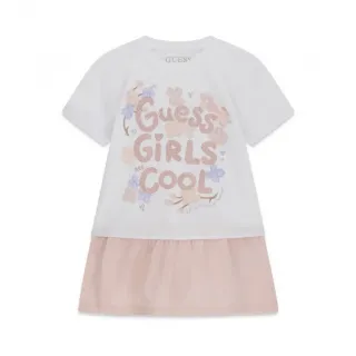 Памучна рокля в бяло и розово за мини момиче с надписи Guess с глитери