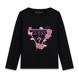 Детска блуза Guess в черно с дълъг ръкав и флорално лого